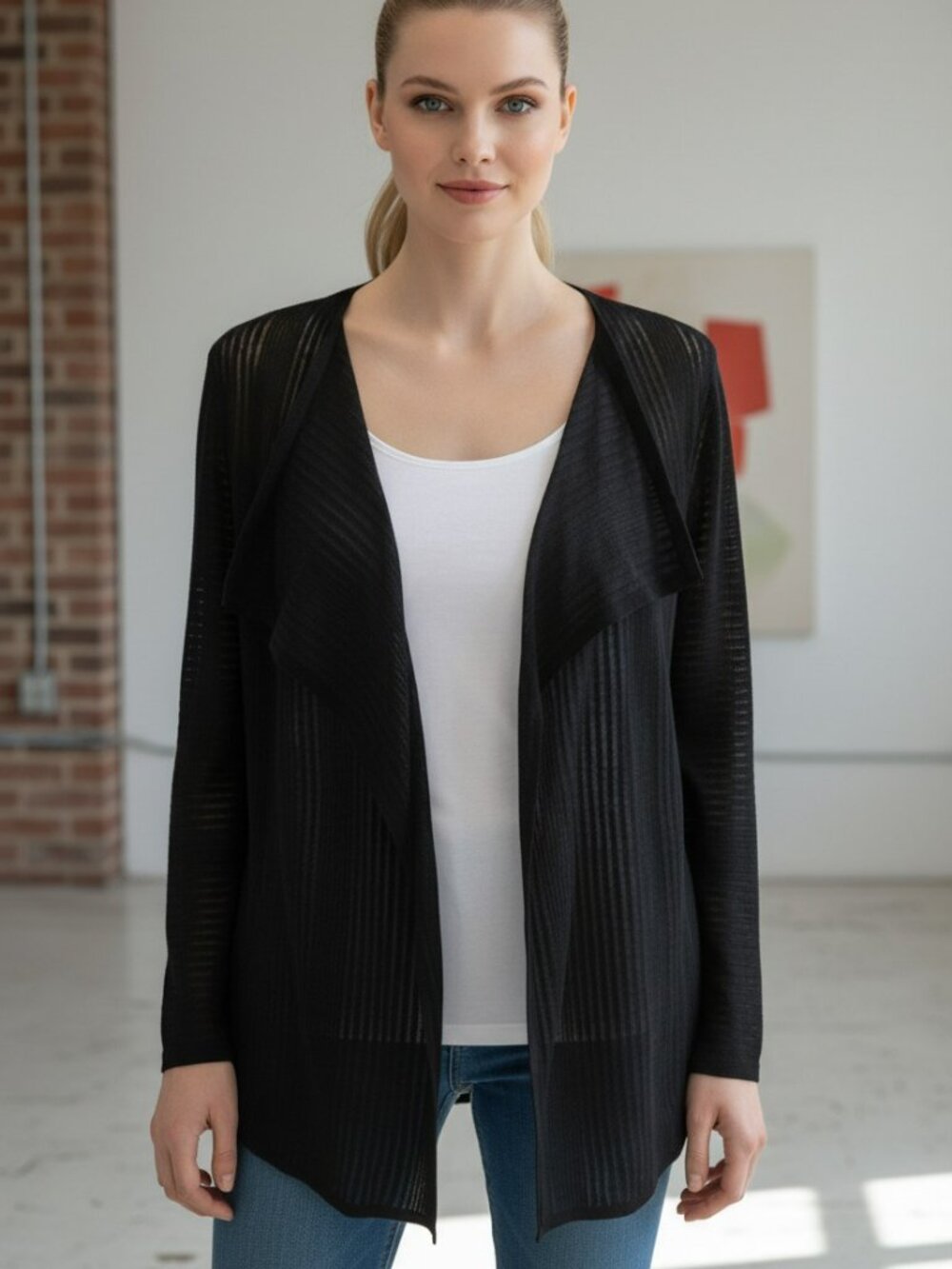 Calvin Klein Black Sheer Stripe Open-Front Cardigan Size Small